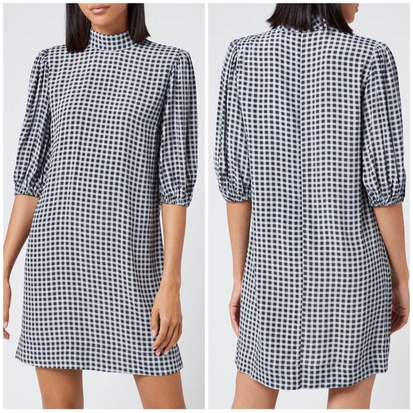 Ganni Gingham Printed Crepe Dress in Brunnera Blue - Picture 1 of 16